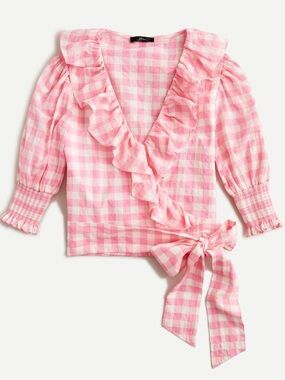 J. Crew Ruffle Wrap Top In Gingham Puff Sleeve Blouse Pink White Size XS